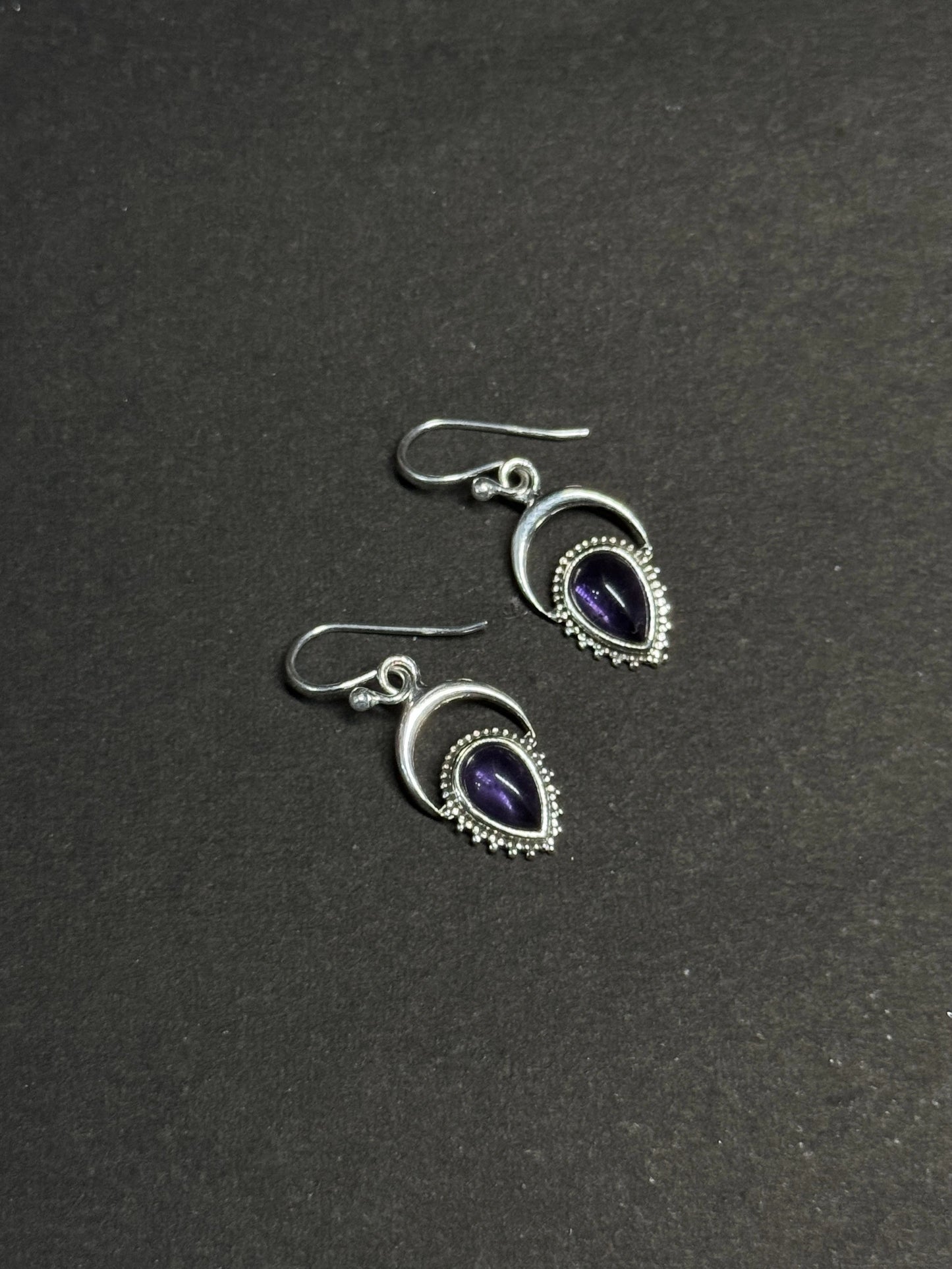 Natural Amethyst Crescent Drop Earrings – 925 Sterling Silver Moon & Teardrop | Celestial Jewelry