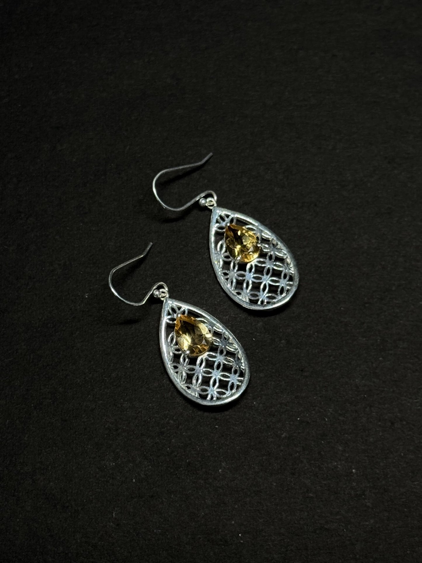 Natural Citrine Lattice Drop Earrings – 925 Sterling Silver Filigree Teardrop | November Birthstone