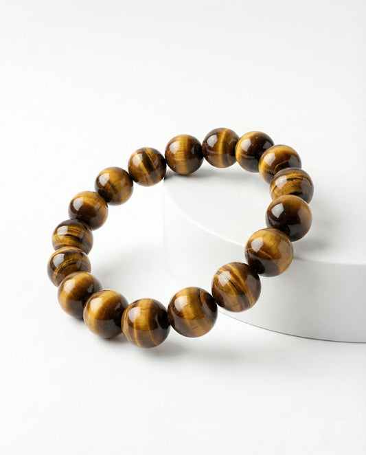 Natural Tiger Eye beaded bracelet featuring 8mm golden-brown chatoyant stones on white background.