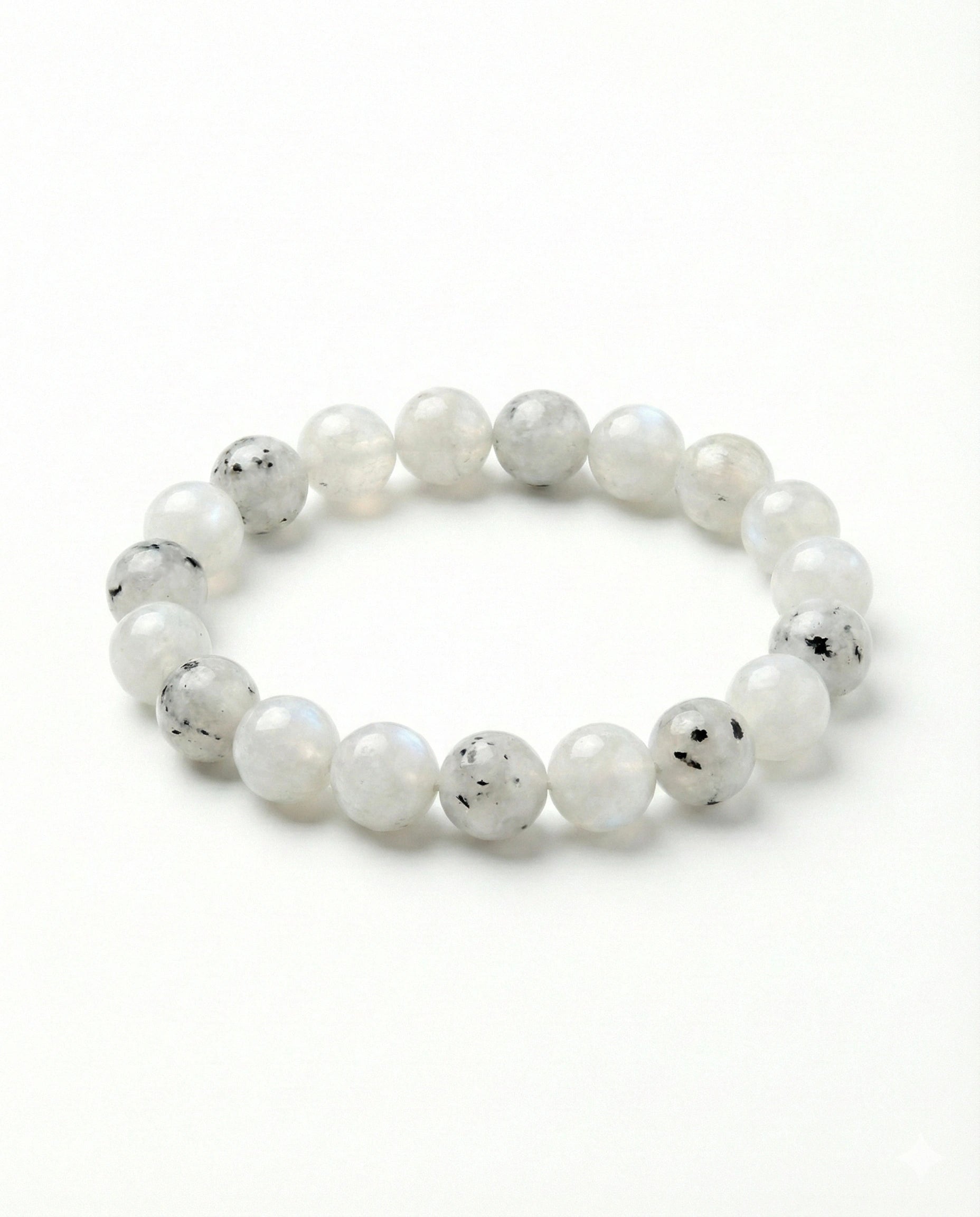 Natural Rainbow Moonstone beaded bracelet featuring 8mm white stones with black tourmaline inclusions on white background.
