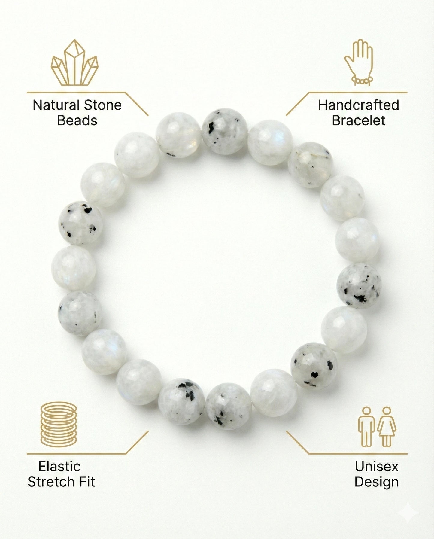 Natural Rainbow Moonstone beaded bracelet featuring 8mm white stones with black tourmaline inclusions on white background.