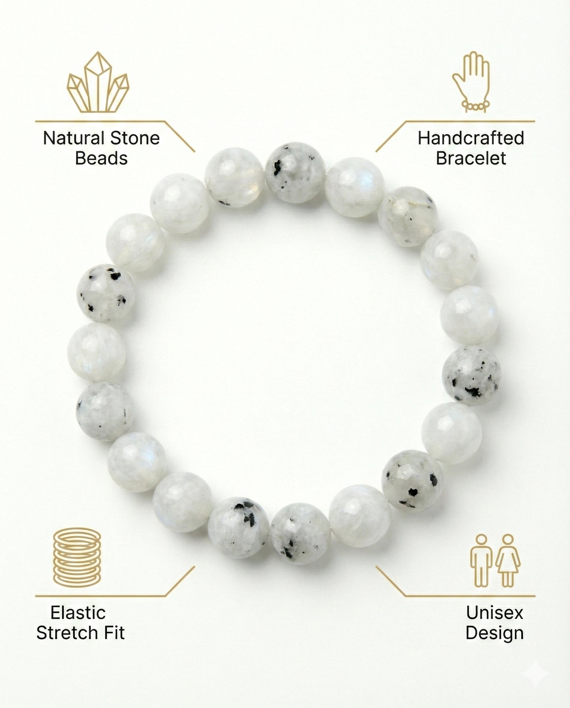 Natural Rainbow Moonstone beaded bracelet featuring 8mm white stones with black tourmaline inclusions on white background.