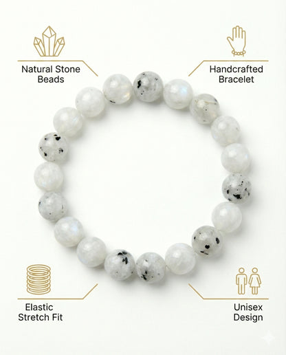 Natural Rainbow Moonstone beaded bracelet featuring 8mm white stones with black tourmaline inclusions on white background.