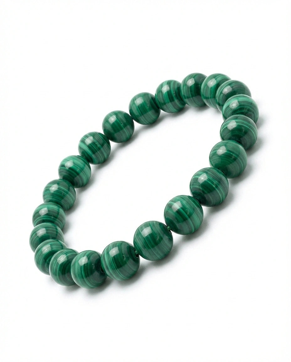 Natural Malachite beaded bracelet featuring 8mm green banded stones on white background.