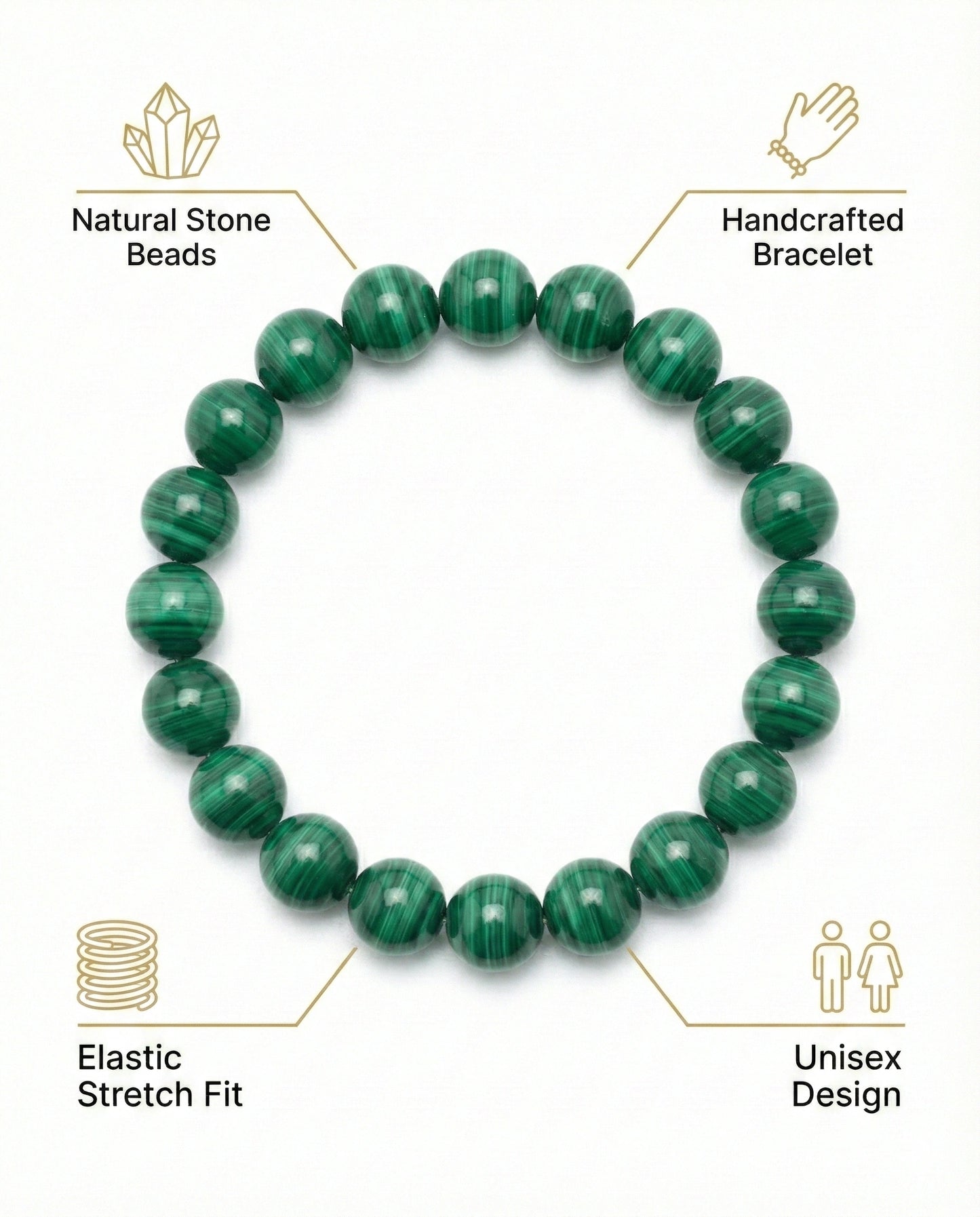 Natural Malachite beaded bracelet featuring 8mm green banded stones on white background.