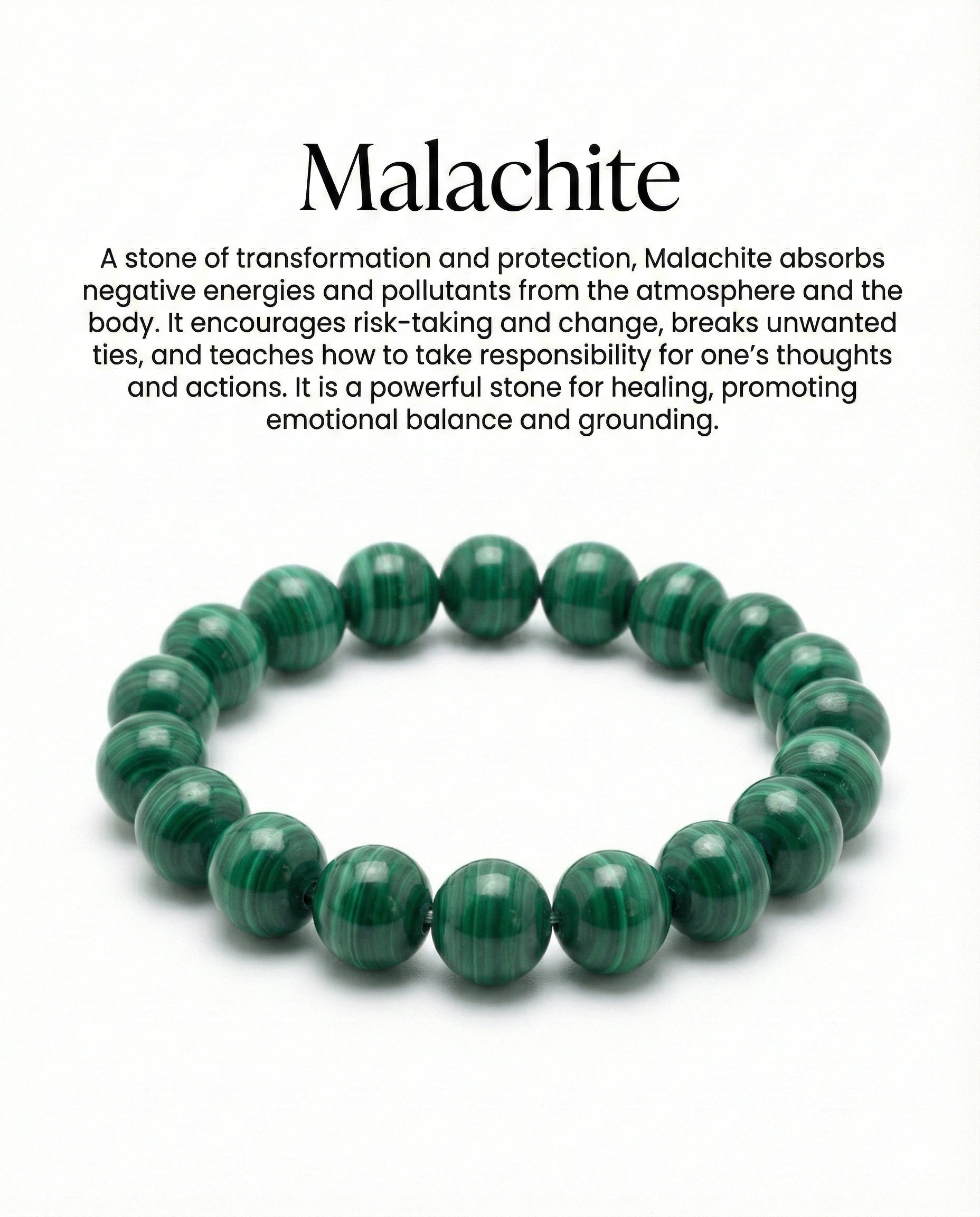 Natural Malachite beaded bracelet featuring 8mm green banded stones on white background.