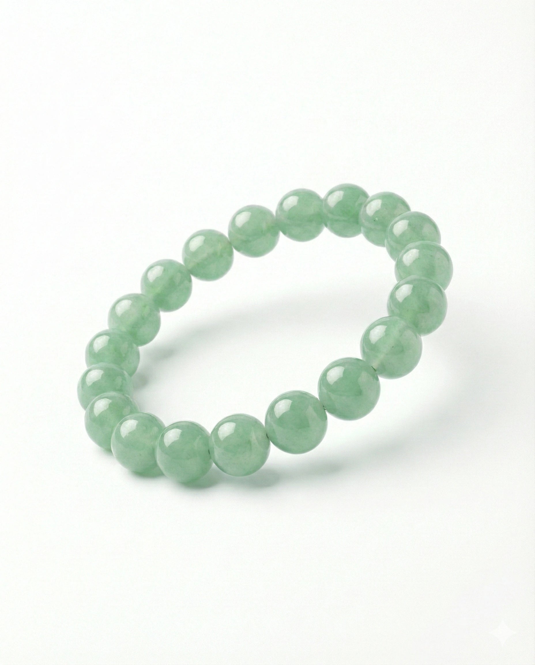 Natural Green Aventurine beaded bracelet featuring 8mm light green translucent stones on white background.