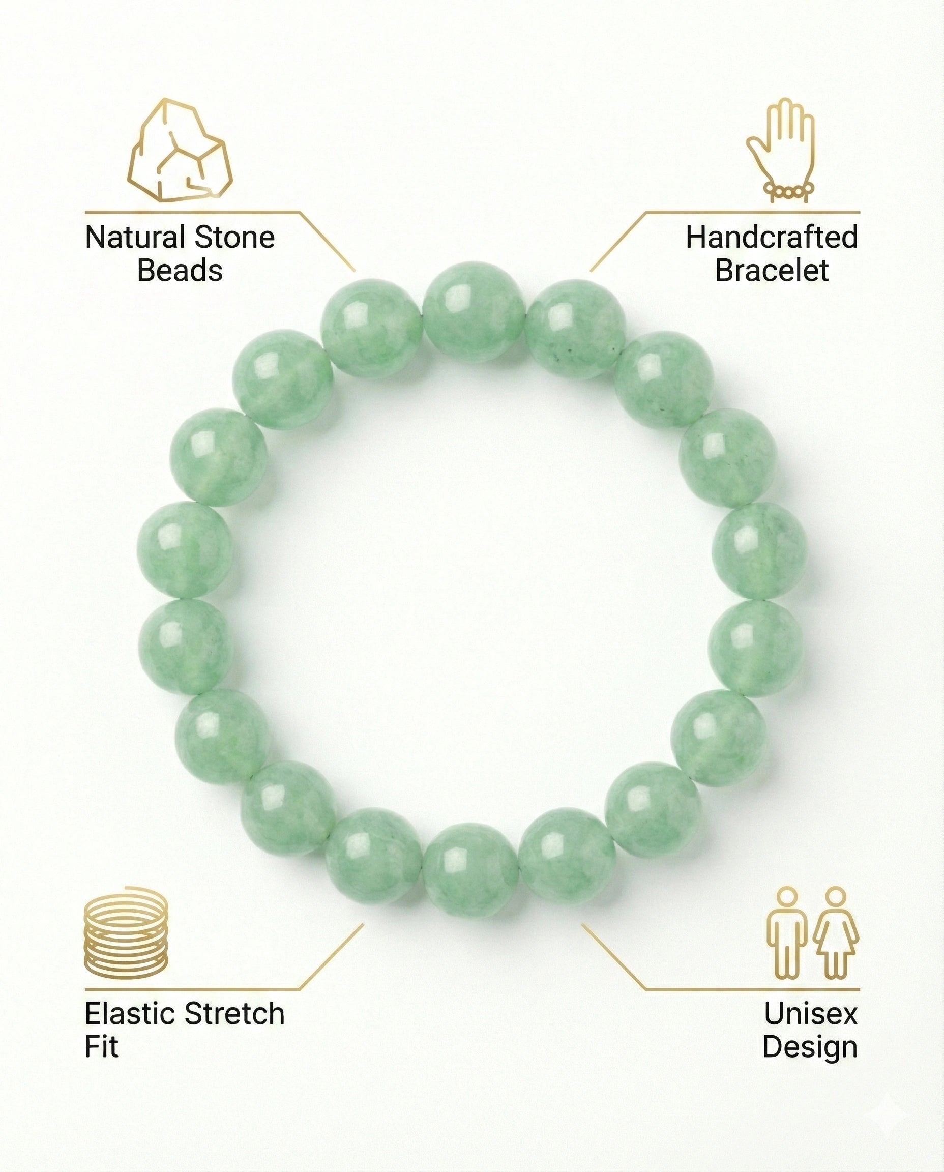 Natural Green Aventurine beaded bracelet featuring 8mm light green translucent stones on white background.