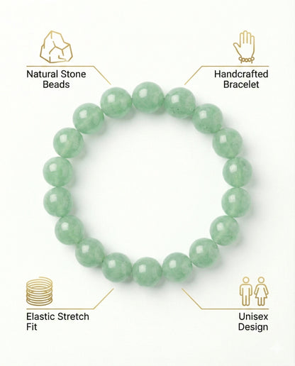 Natural Green Aventurine beaded bracelet featuring 8mm light green translucent stones on white background.