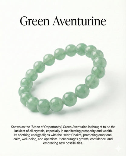 Natural Green Aventurine beaded bracelet featuring 8mm light green translucent stones on white background.
