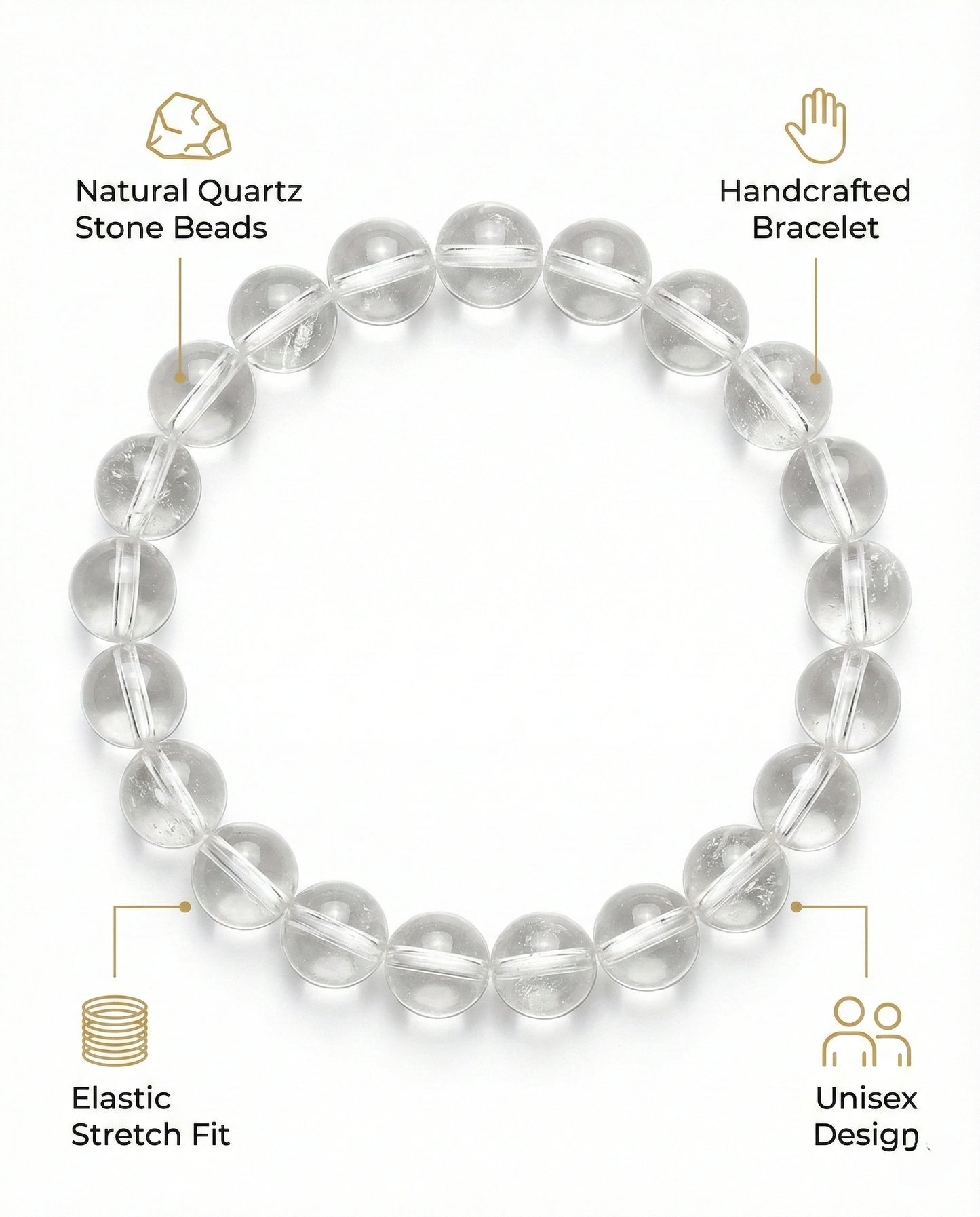 Natural Clear Quartz beaded bracelet with transparent round gemstones on black background.