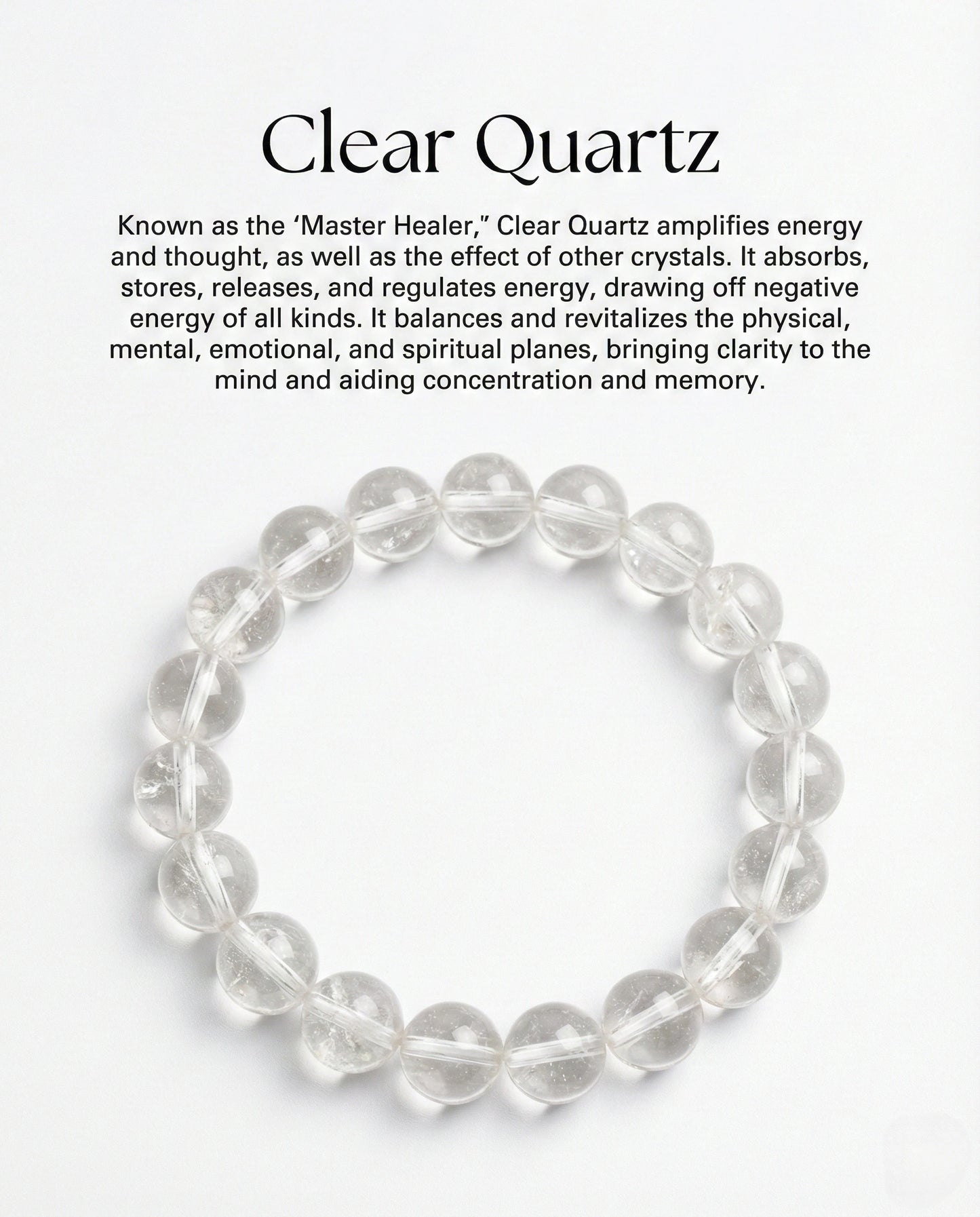 Natural Clear Quartz beaded bracelet with transparent round gemstones on black background.