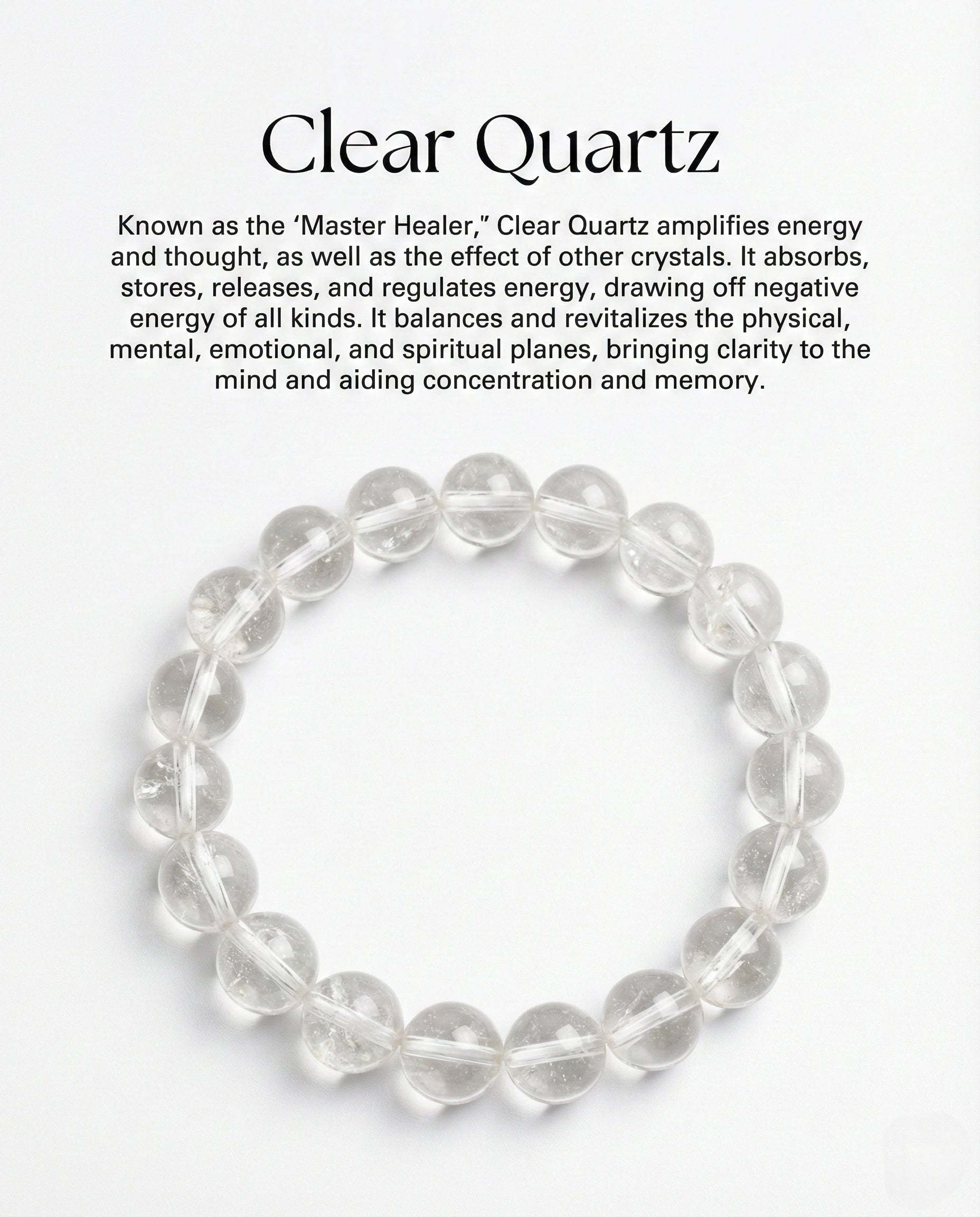 Natural Clear Quartz beaded bracelet with transparent round gemstones on black background.