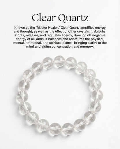 Natural Clear Quartz beaded bracelet with transparent round gemstones on black background.