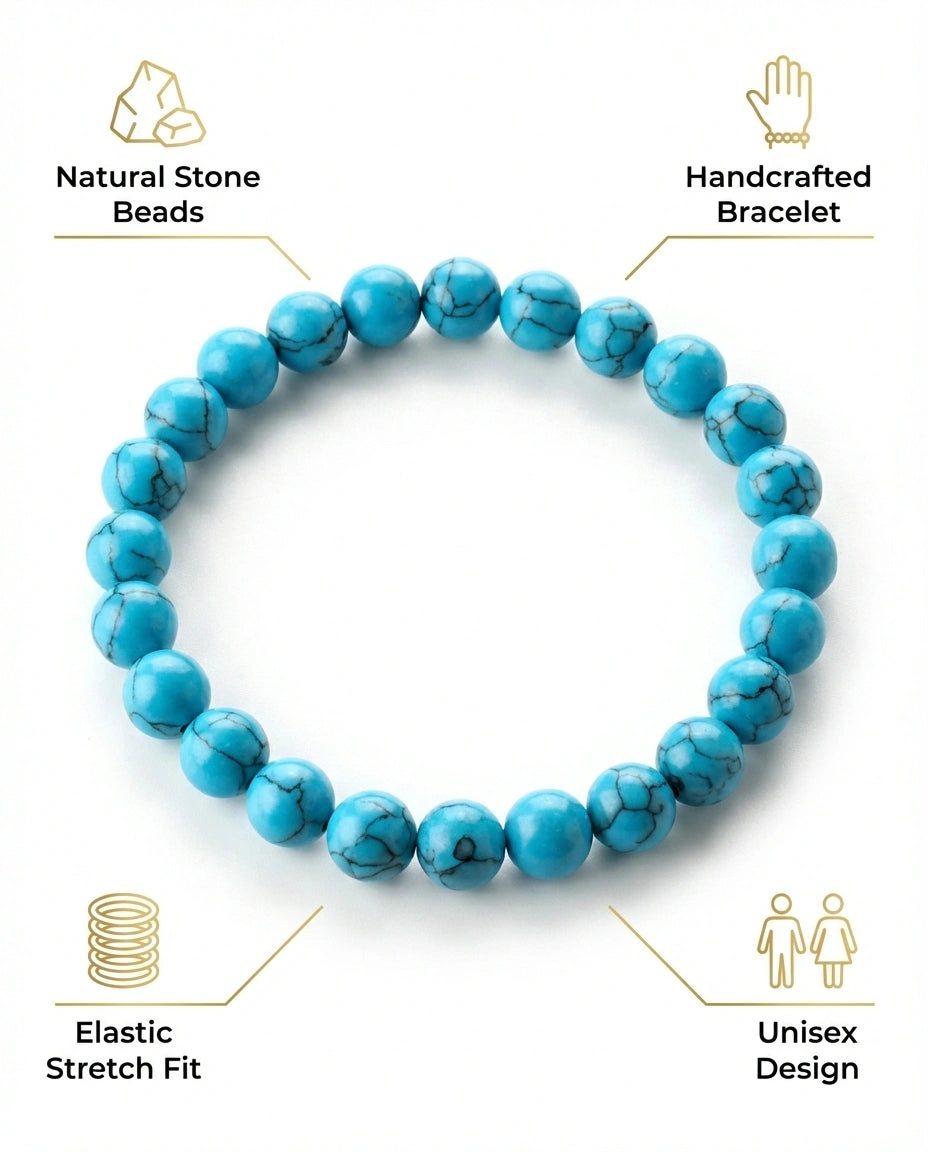 Natural Turquoise beaded bracelet featuring 8mm blue stones with black veining on white background.