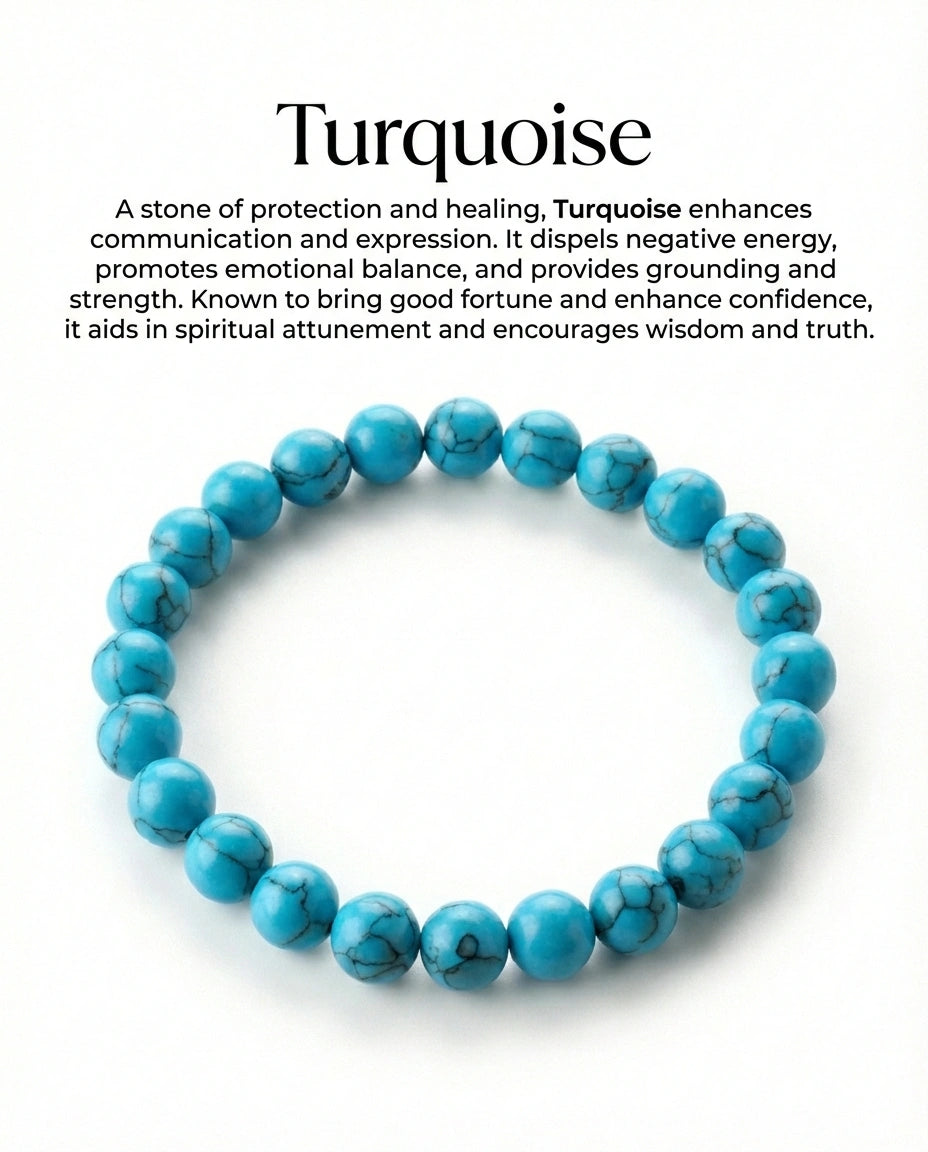 Natural Turquoise beaded bracelet featuring 8mm blue stones with black veining on white background.