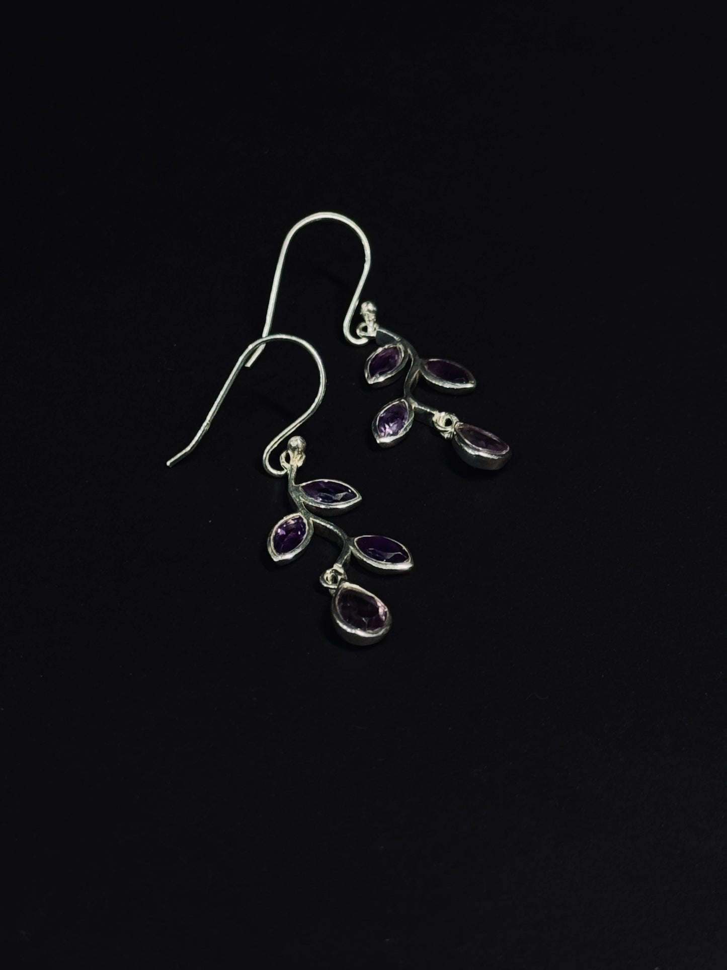 Natural Amethyst Cabochon Drop Earrings – 925 Sterling Silver Vintage Teardrop