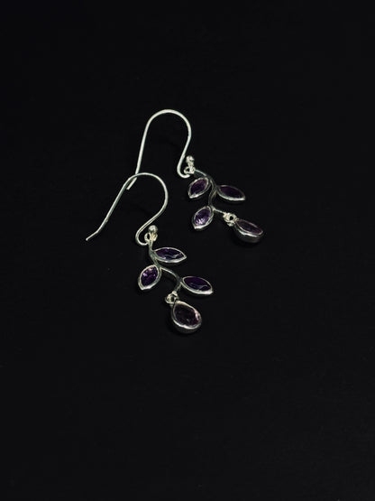 Natural Amethyst Cabochon Drop Earrings – 925 Sterling Silver Vintage Teardrop