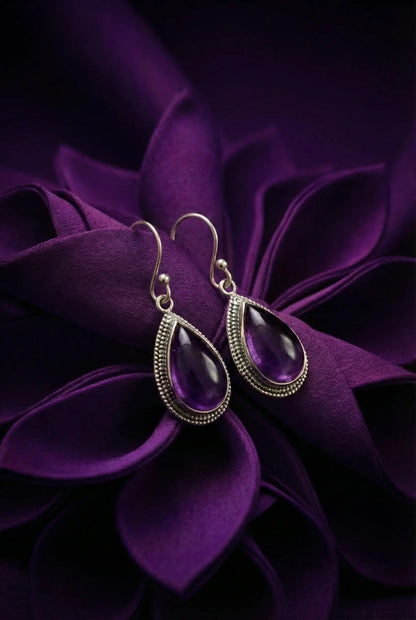 Natural Amethyst Cabochon Earrings – 925 Sterling Silver Teardrop Dangle | Vintage Boho Style