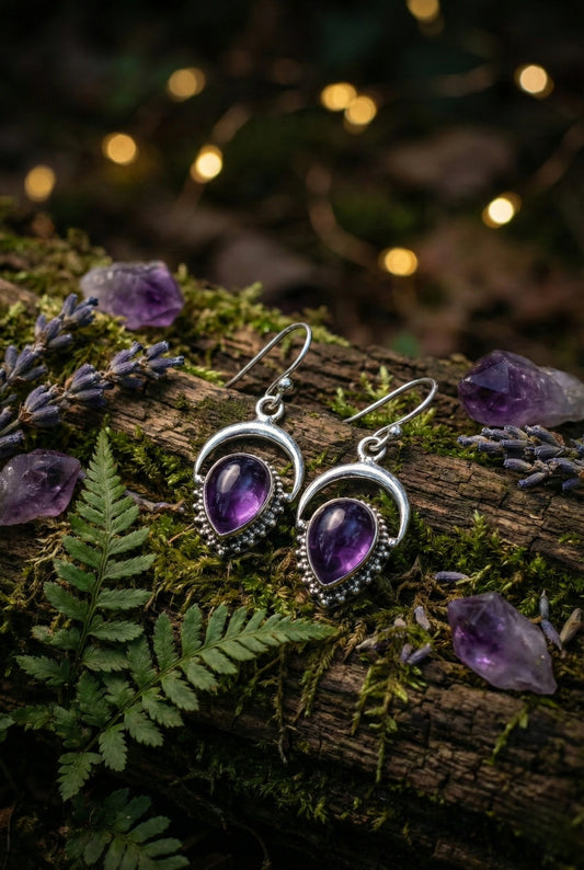 Natural Amethyst Crescent Drop Earrings – 925 Sterling Silver Moon & Teardrop | Celestial Jewelry