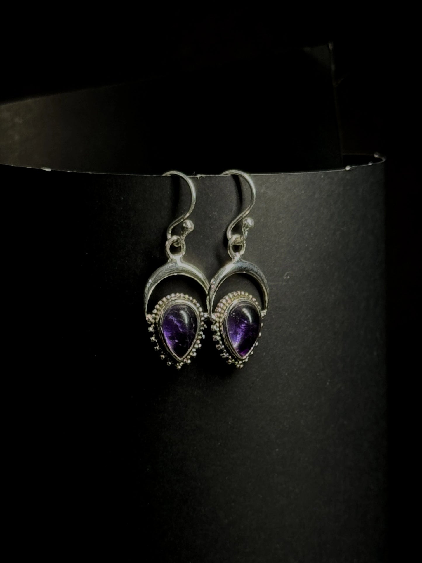Natural Amethyst Crescent Drop Earrings – 925 Sterling Silver Moon & Teardrop | Celestial Jewelry