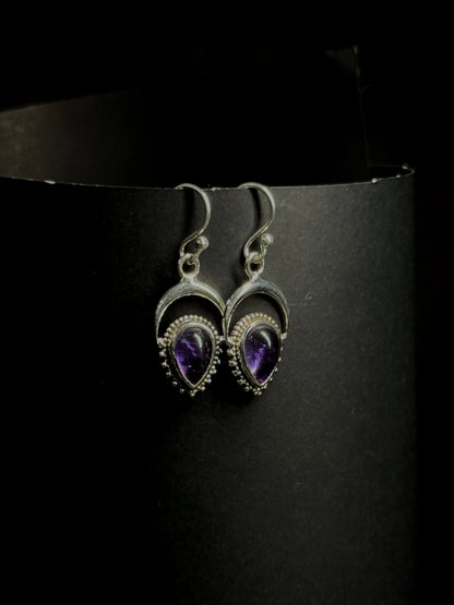 Natural Amethyst Crescent Drop Earrings – 925 Sterling Silver Moon & Teardrop | Celestial Jewelry