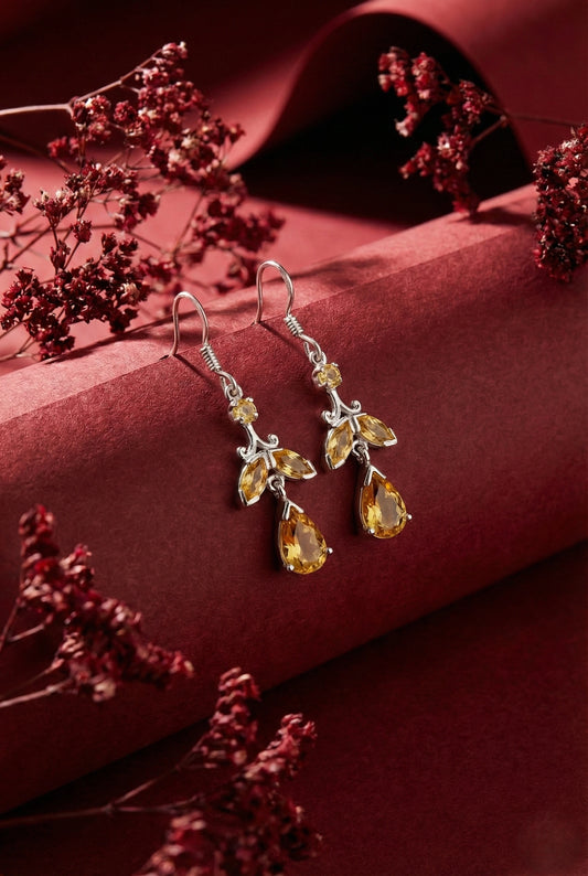 Natural Citrine Floral Drop Earrings – 925 Sterling Silver Leaf & Teardrop Cluster | November Birthstone