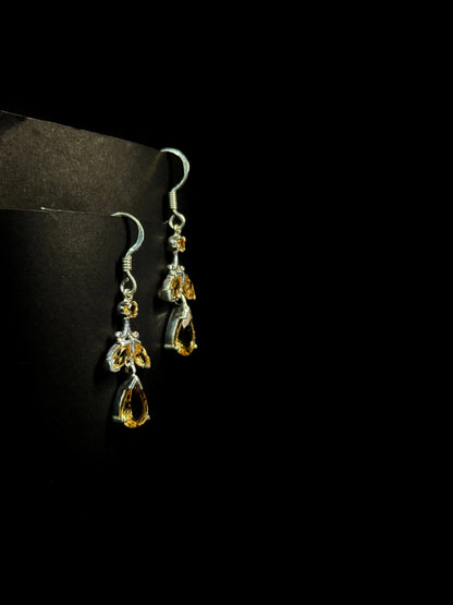 Natural Citrine Floral Drop Earrings – 925 Sterling Silver Leaf & Teardrop Cluster | November Birthstone