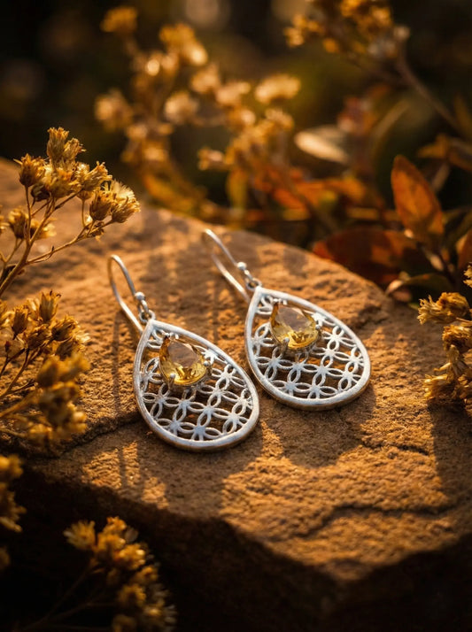 Natural Citrine Lattice Drop Earrings – 925 Sterling Silver Filigree Teardrop | November Birthstone