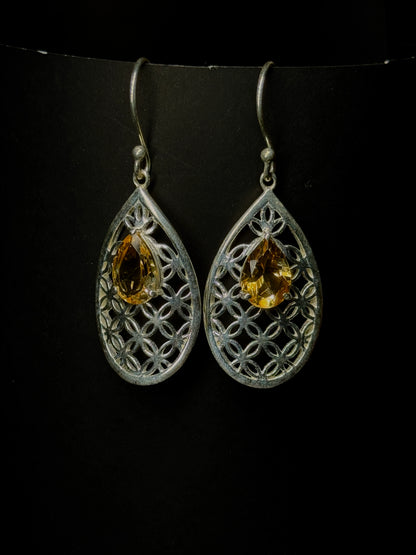 Natural Citrine Lattice Drop Earrings – 925 Sterling Silver Filigree Teardrop | November Birthstone