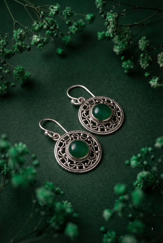 Green Onyx Filigree Earrings – 925 Sterling Silver Round Mandala Dangle | Boho Vintage Style