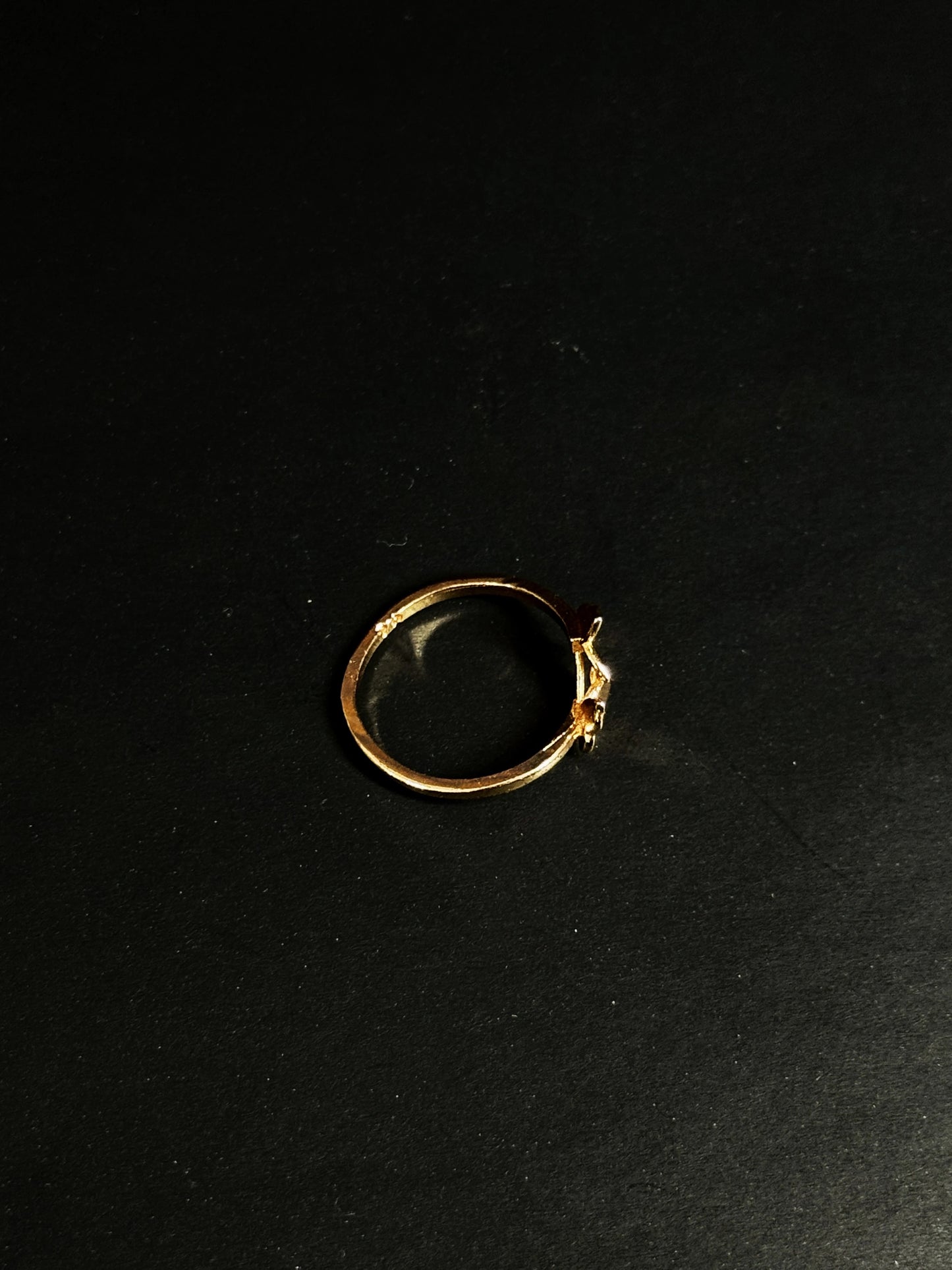 Rose Gold vermeil ring featuring two small butterflies on a dainty band on black background.