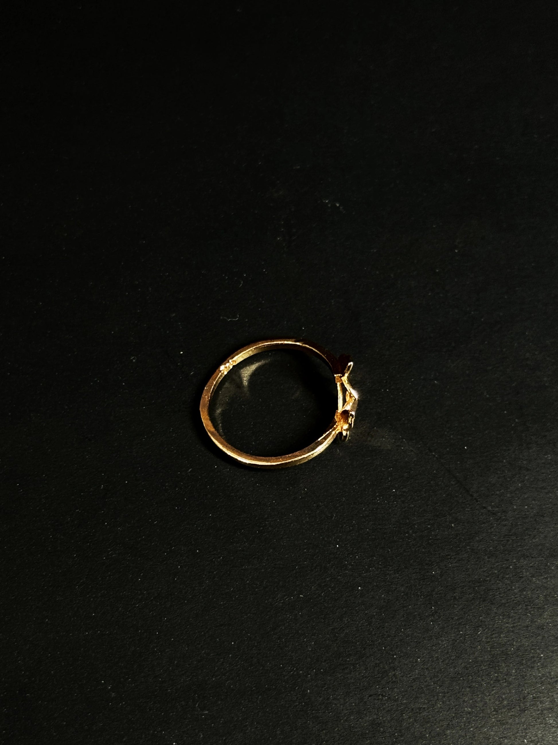 Rose Gold vermeil ring featuring two small butterflies on a dainty band on black background.