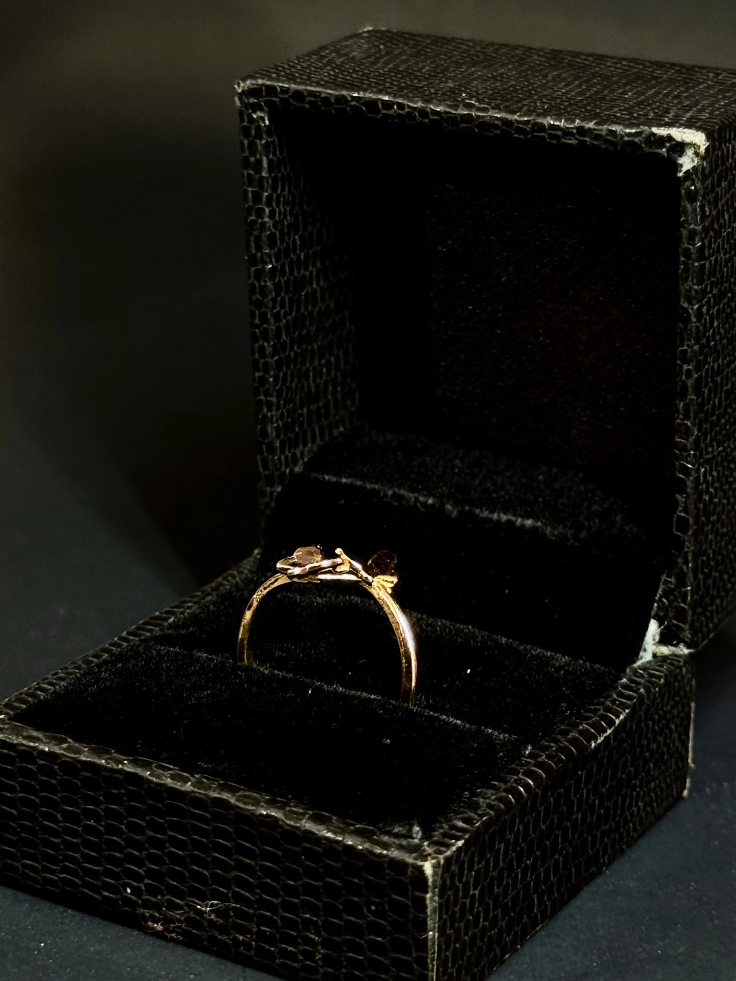 Rose Gold vermeil ring featuring two small butterflies on a dainty band on black background.